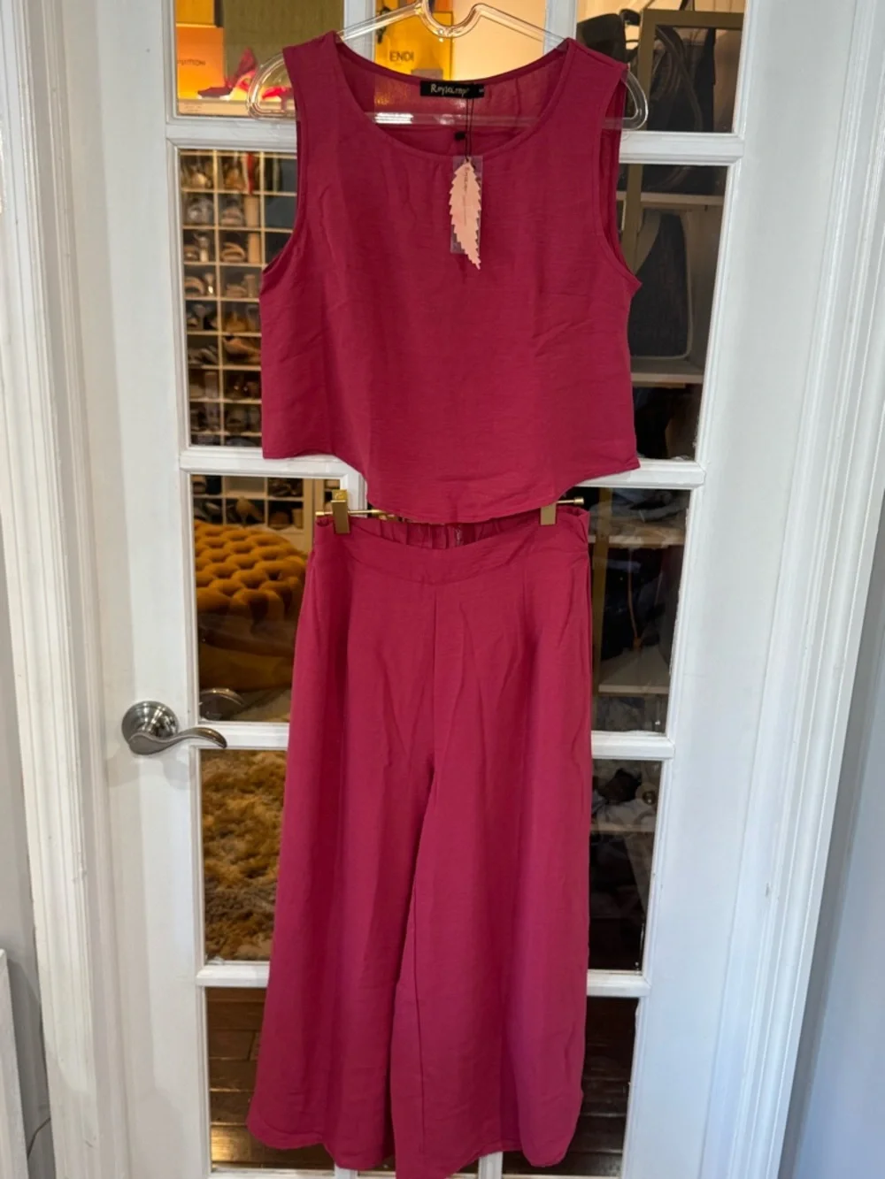 🍓Two-Piece Crop Top & Wide Leg Pants Set - Berry Pink Culotte Capri Flowy Gaucho - Picture 3 of 11